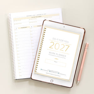 2027 digital work planner cover on tablet and with spiral notebook