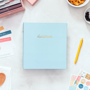 Recipe Card Binder in blue with happiness is homemade on counter