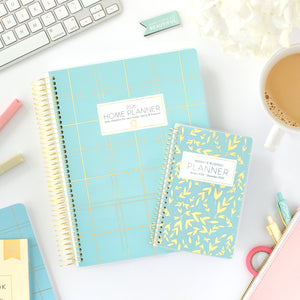 2026 blue plaid home planner and blue leaf pocket calendar