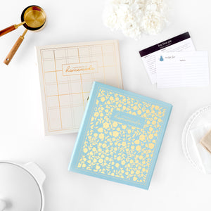 gold floral and cream plaid recipe binders