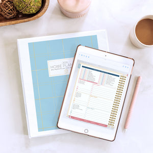 2026 blue plaid digtal home planner on tablet and binder