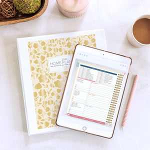2026 cream floral home planner on tablet and binder