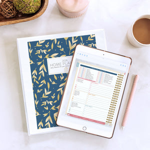 2026 navy leaf digtal home planner on tablet and binder