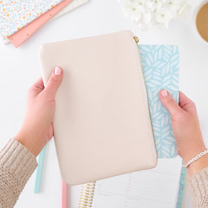 cream zipper pouch with blank journal