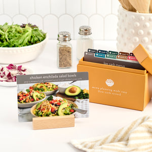 low carb menu plan with photo card on wooden block