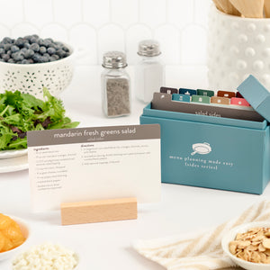 sides menu plan with recipe card in wooden block