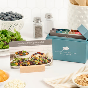 sides menu plan with wooden block and photo card