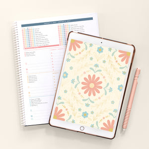 2027 wildflower digital home planner with spiral and ipad on cream background