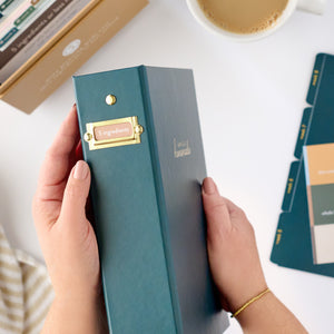 navy recipe binder with 5 ingredients label