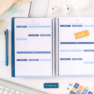 blue student planner vision and favorite things pages