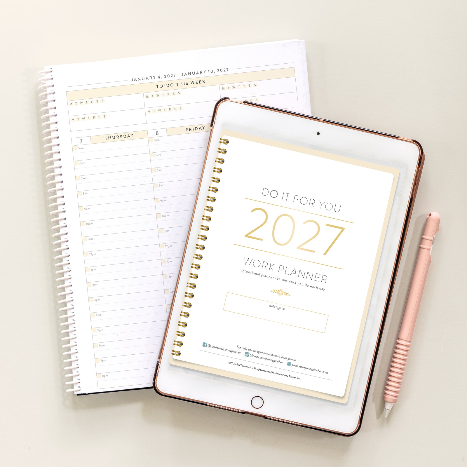 2027 digital work planner cover on tablet and with spiral notebook