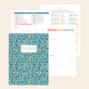 Home Planner in blue floral printed pages of January Monthly, Weekly, and Budget Worksheet pages
