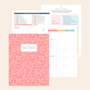 Home Planner in pink floral printed pages of January Monthly, Weekly, and Vacation Checklist pages