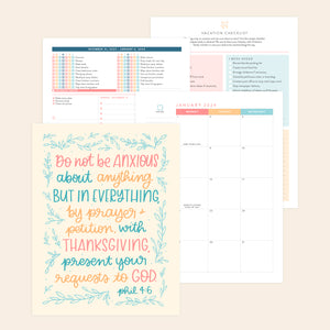 Home Planner in scripture verse cover printed January Monthly, Weekly, and Vacation Checklist pages
