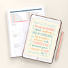 Home Planner scripture on iPad along with printed version spiral bound