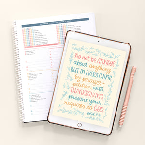 Home Planner scripture on iPad along with printed version spiral bound