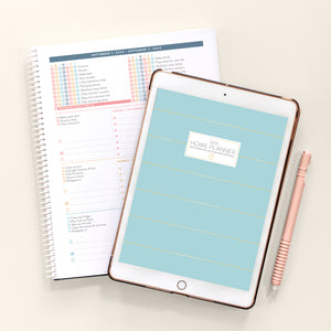 Home Planner blue stripes on iPad along with printed version spiral bound