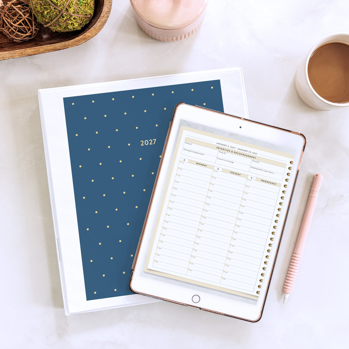 2027 digital work planner on tablet and binder