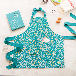 Kitchen Apron Collection blue floral on countertop
