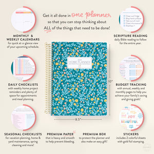 Home Planner in blue floral cover  highlights the all in one planner