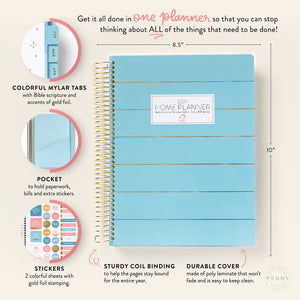 Home Planner Blue Stripe with Colorful Tabs, Inside Pocket, Sticker Pages, Coil Binding and Durable Cover