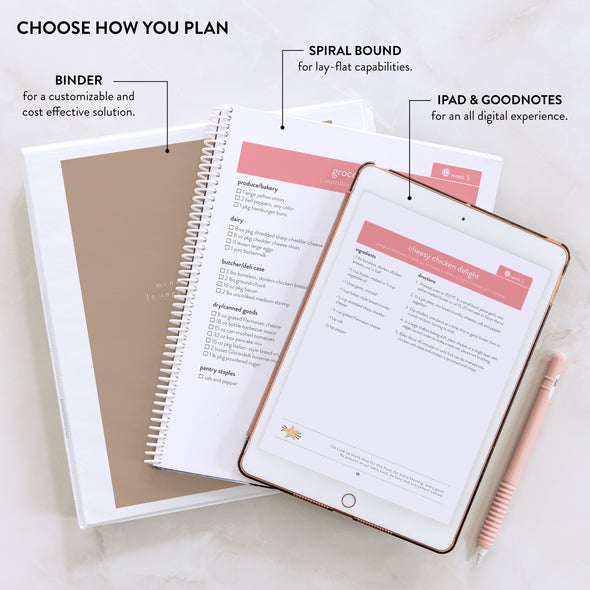 Downloaded menu plans placed in a binder, spiral-bound, or iPad using GoodNotes