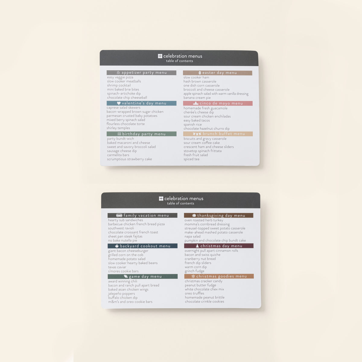 Celebration Series Menus Table of Contents cards