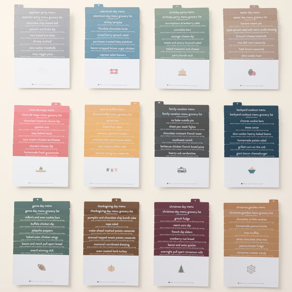All 12 weeks of Celebrations Series Menu recipe cards displayed