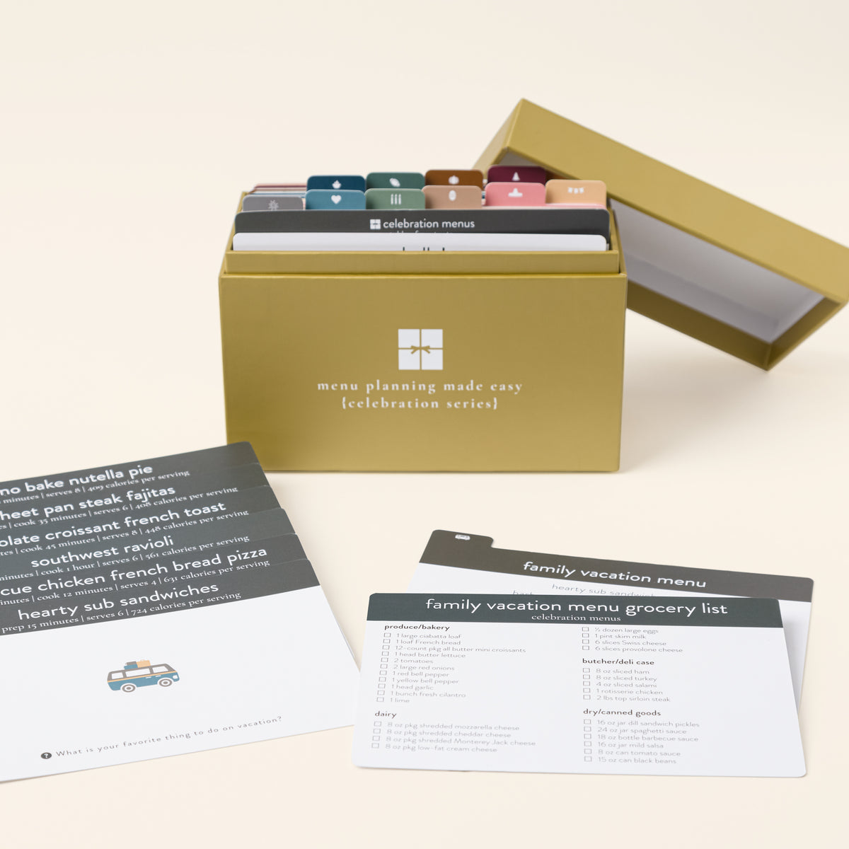 Celebration Series menu box opened with images of recipe cards and grocery list