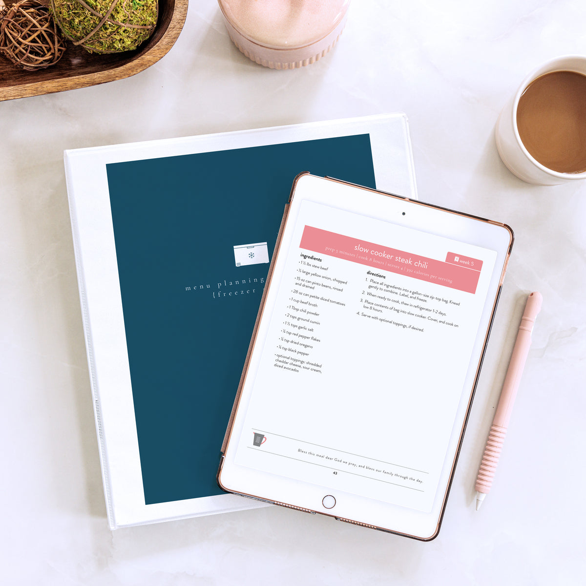 iPad with Freezer Series downloaded and a binder with printed copy of menu plan