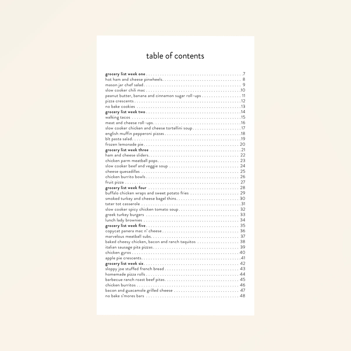 Lunch Menu Plans Table of Contents