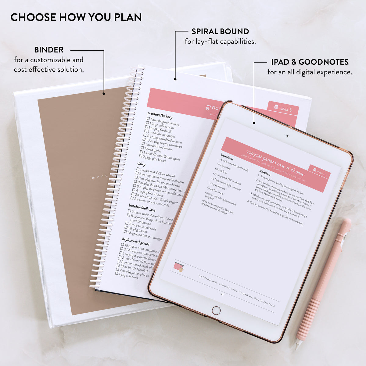 Lunch Menu Plans options available on iPad & GoodNotes, spiral bound, and binder