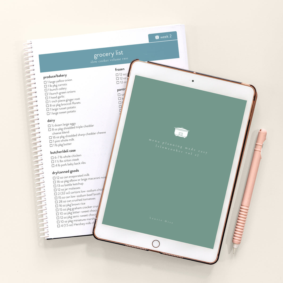 Slow Cooker Vol. 2 Menu Plans downloaded on iPad with printed spiral bound