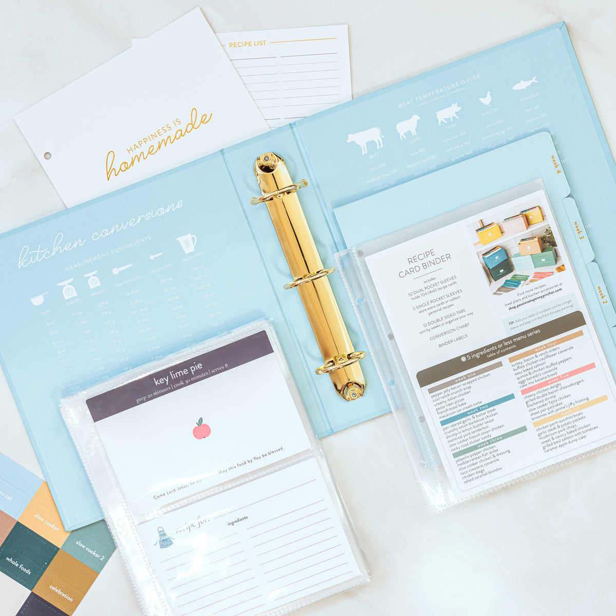Recipe Card Binder open with sleeves and recipes