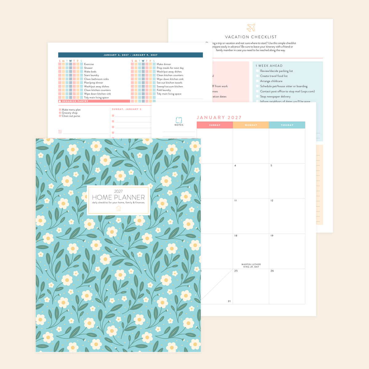 2027 blue floral digital home planner papers on cream