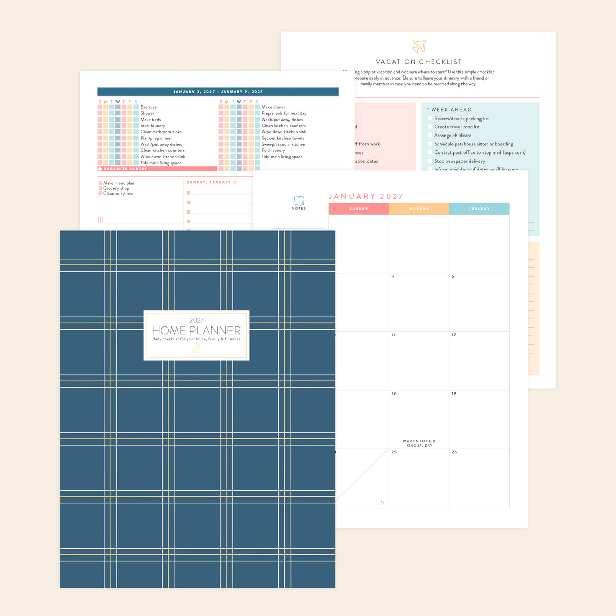 2027 navy plaid digital home planner papers on cream