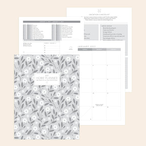2027 blue floral in black and white digital home planner papers on cream