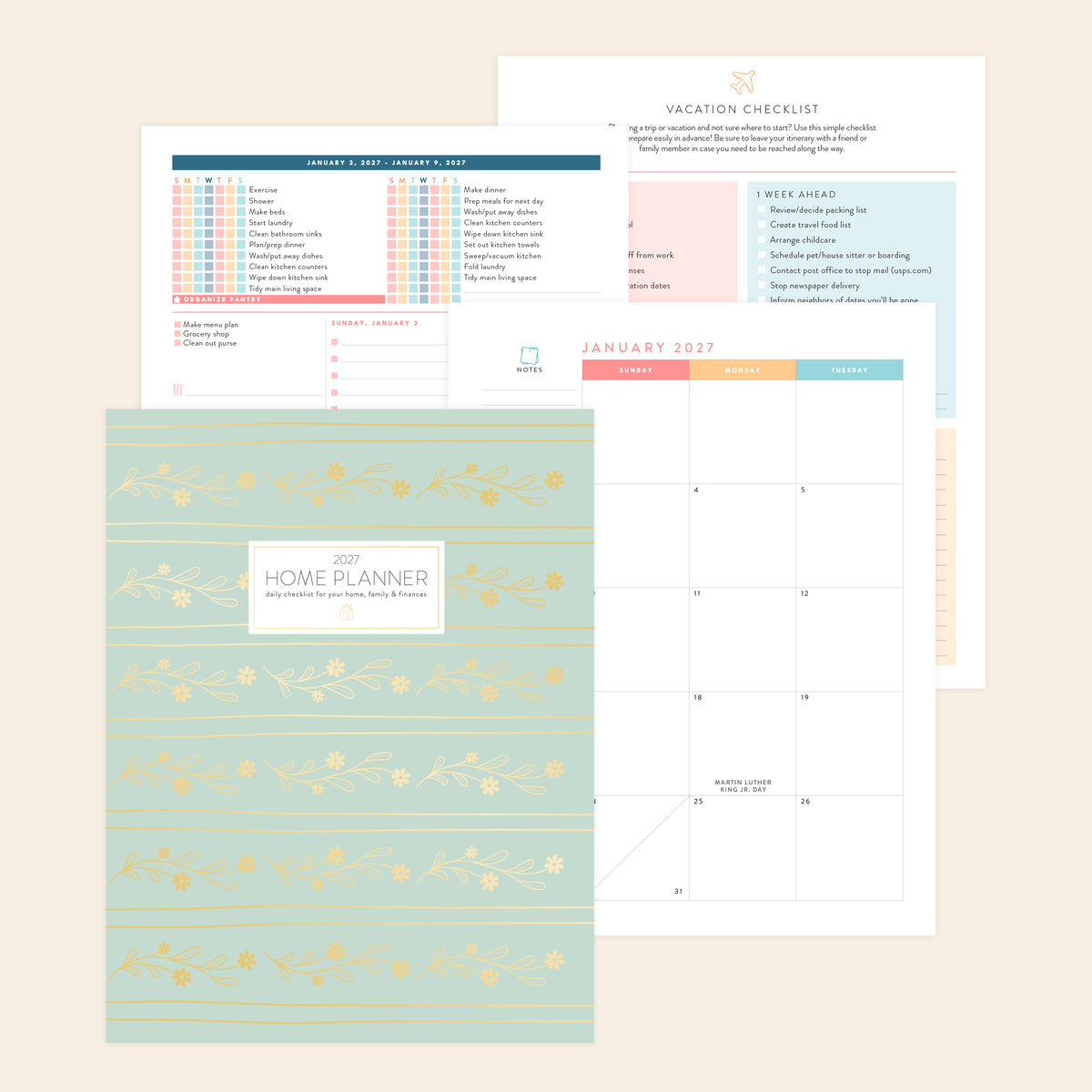 2027 green leaves digital home planner papers on cream
