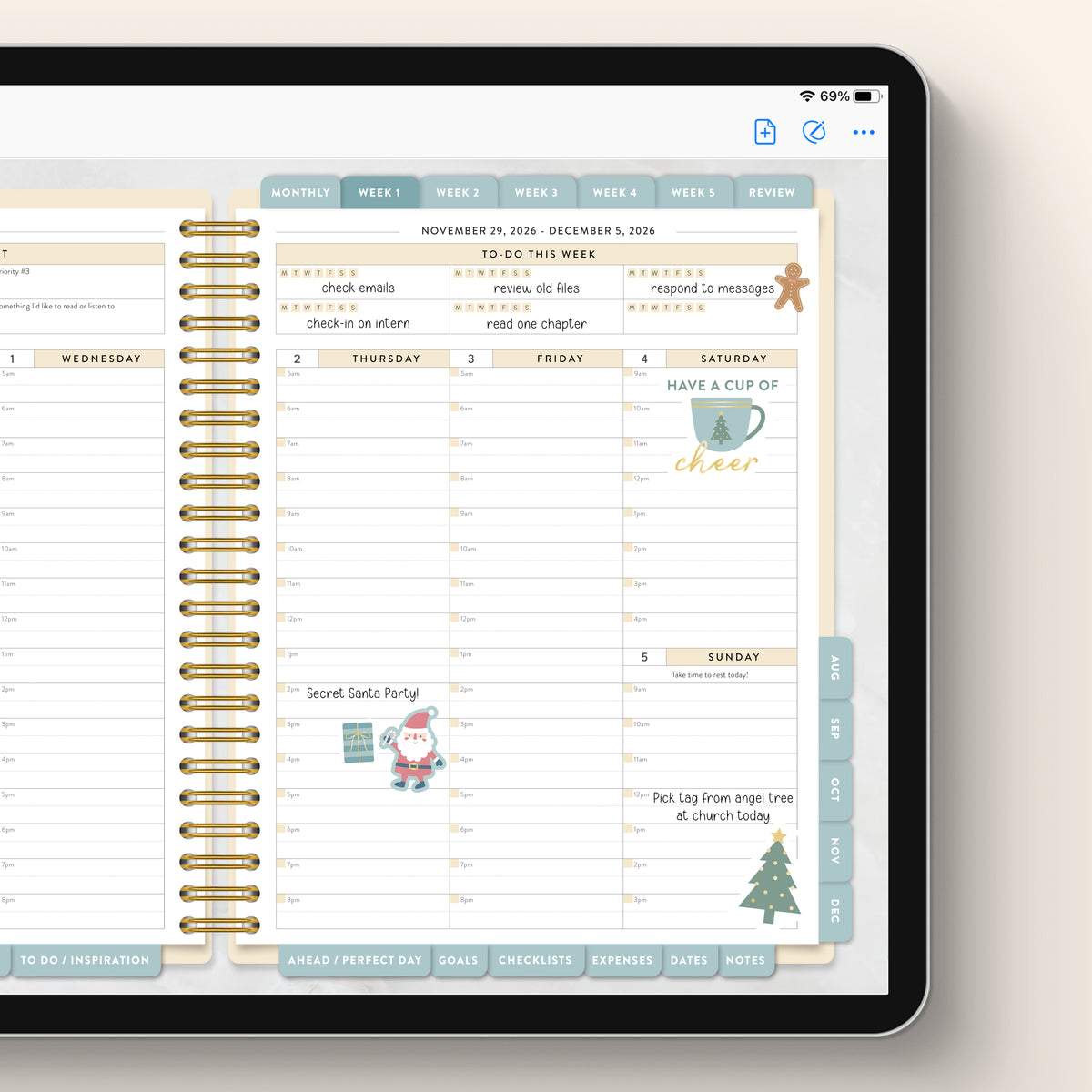 christmas digital stickers in digital work planner tablet view