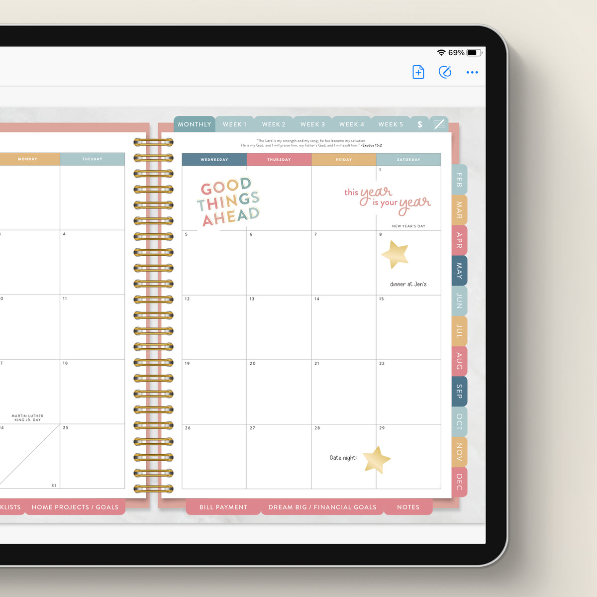 holiday digital sticker book in home planner monthly page