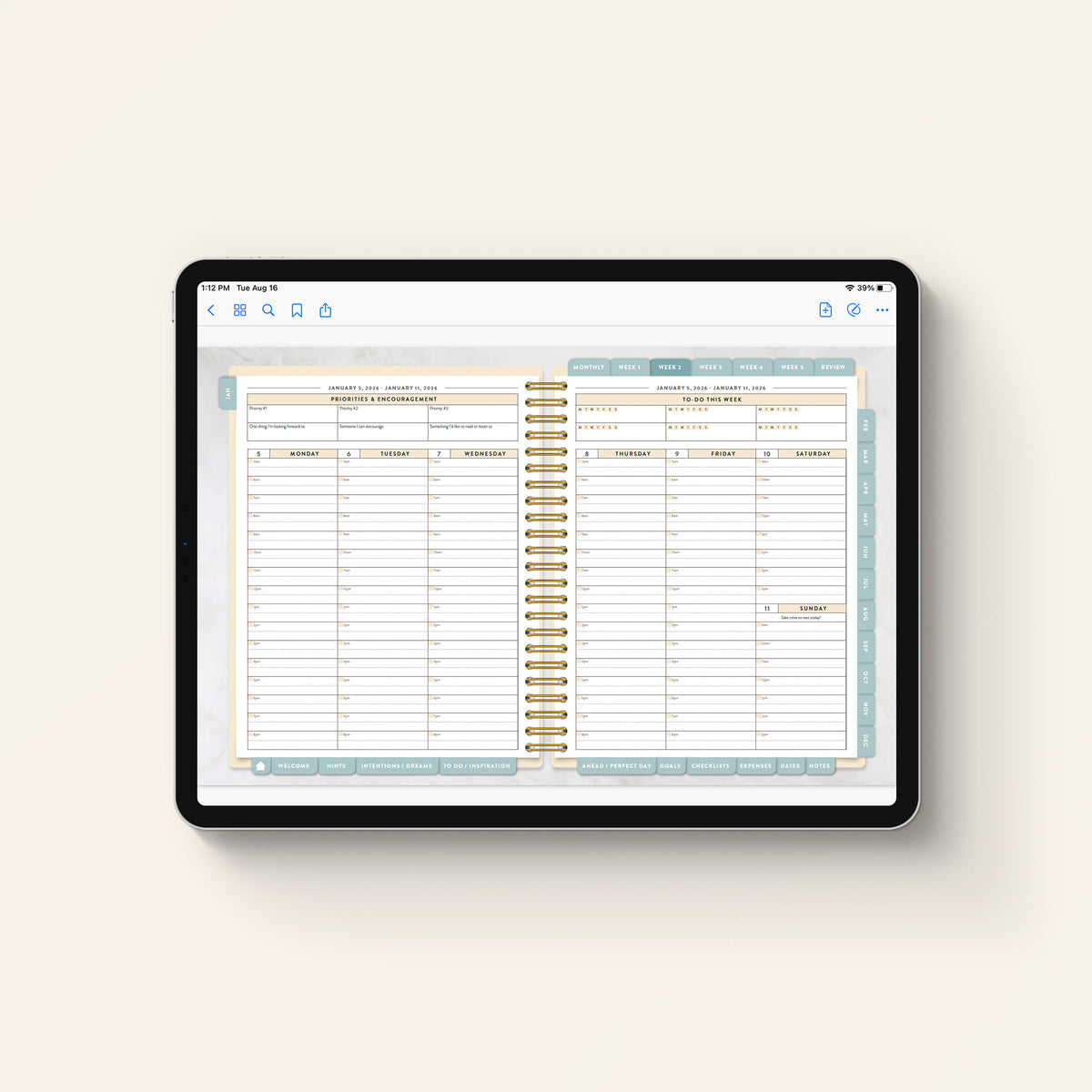 2026 digital work planner weekly view on tablet