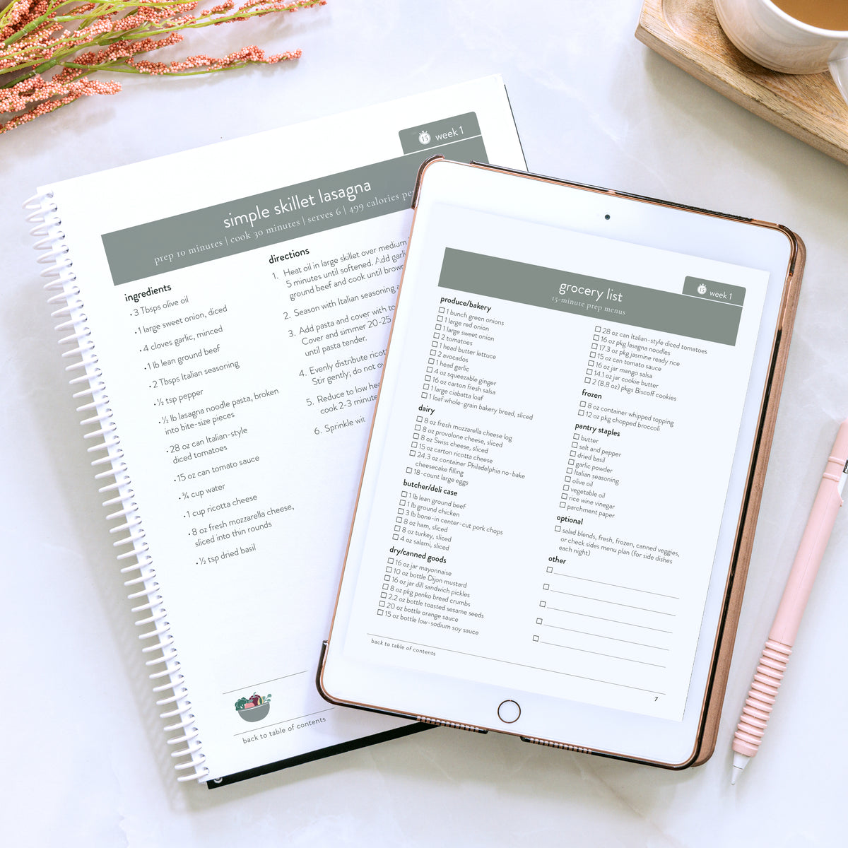15 minute prep recipes on tablet and in binder