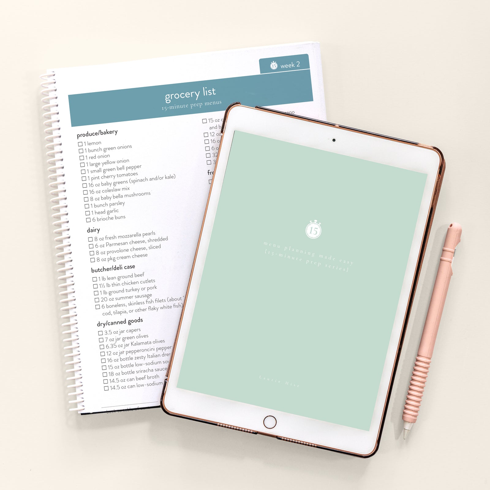 15 minute prep recipes on tablet and in spiral notebook 