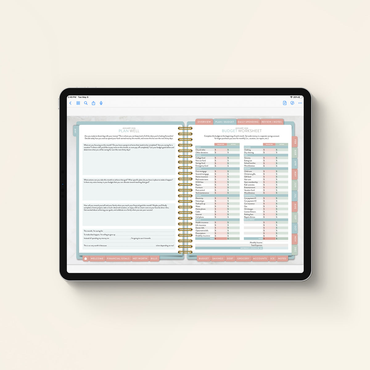 2026 digital money planner on tablet