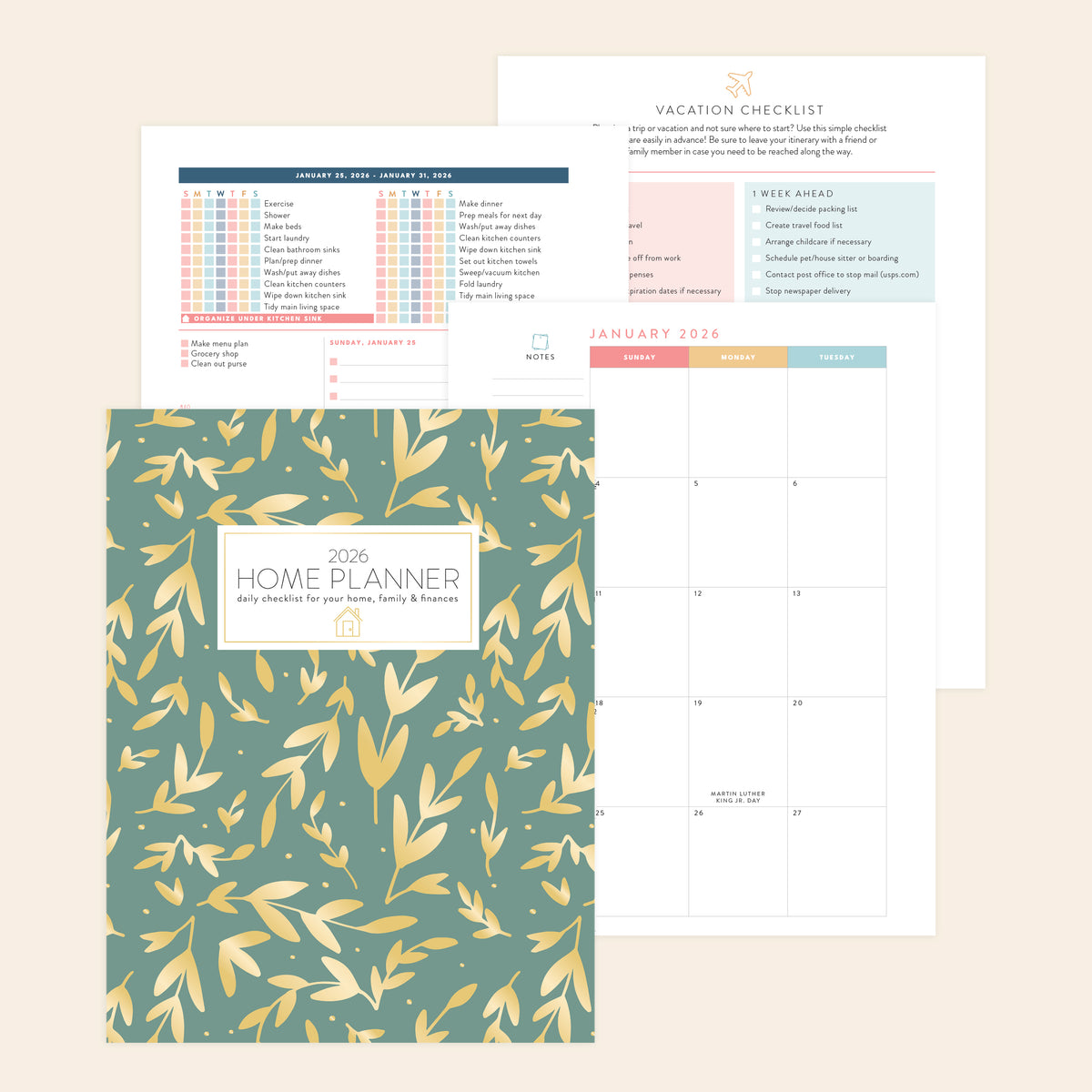 green leaf digital home planner print out cream background
