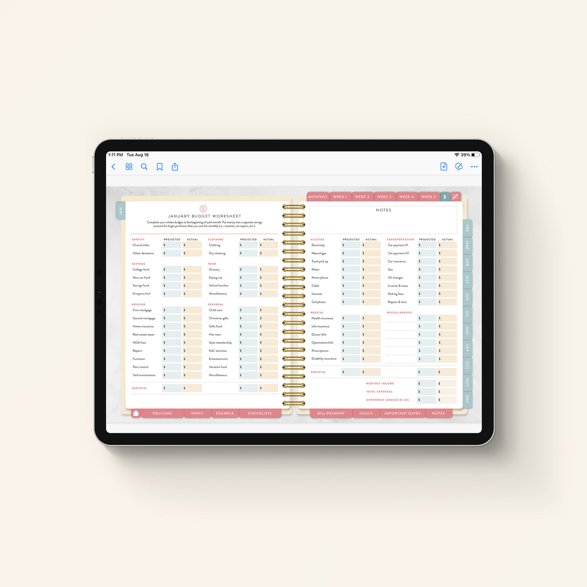 2027 digital home planner budget and note pages on tablet
