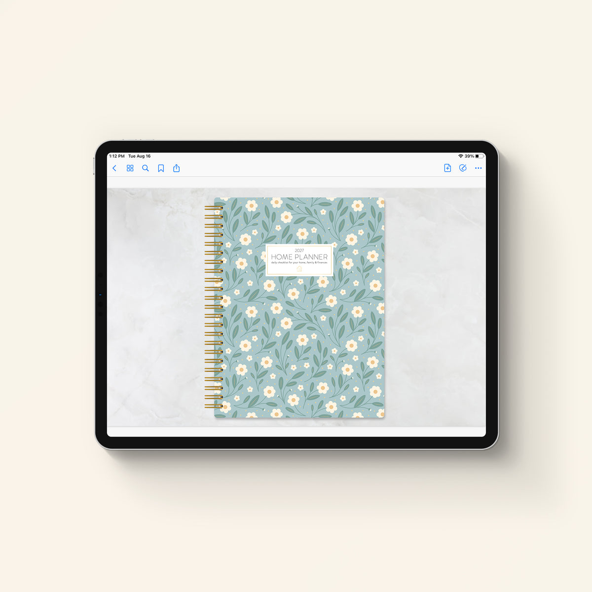 2027 blue floral digital home planner cover on tablet 