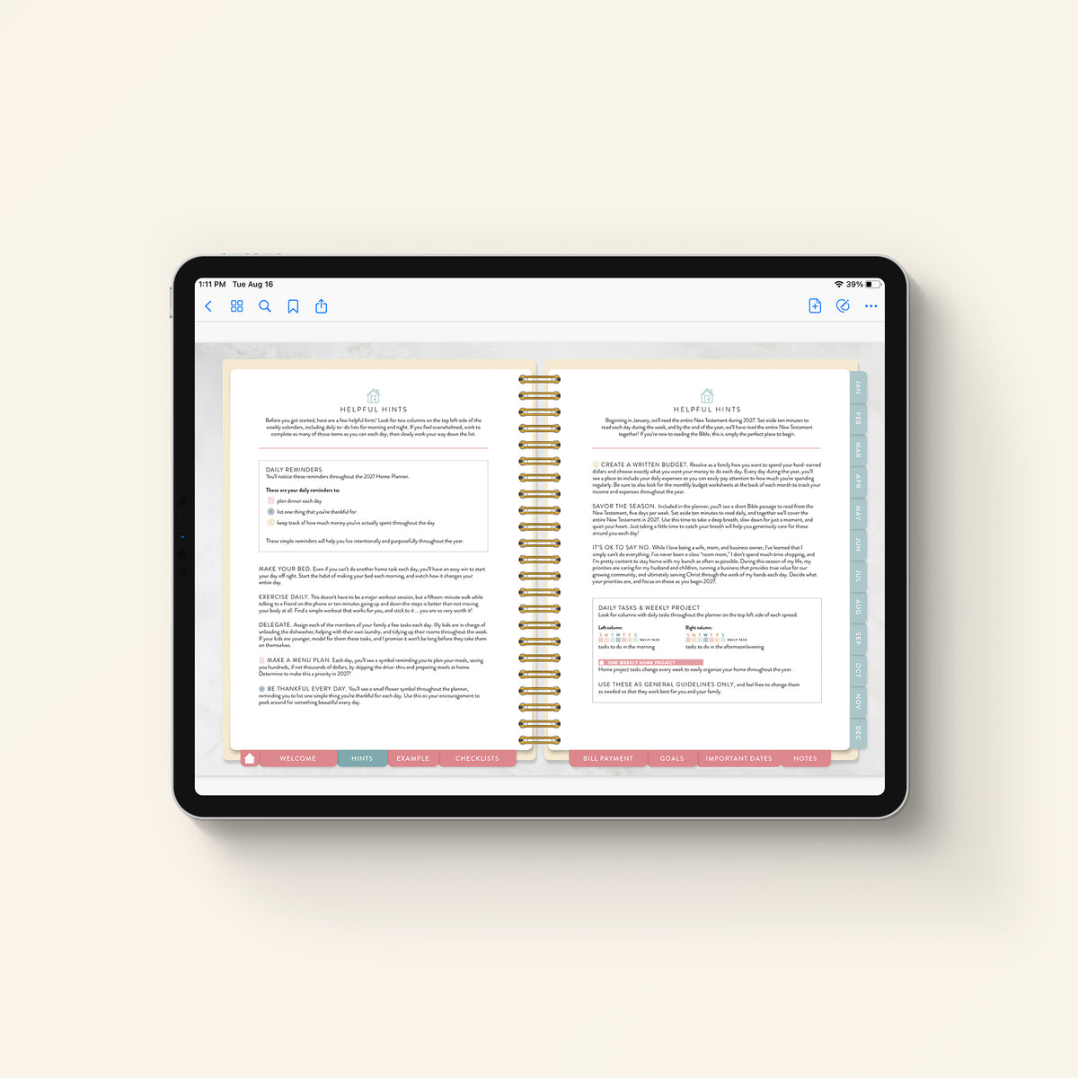 2027 digital home planner helpful hints pages on tablet