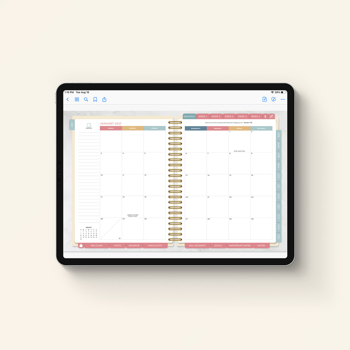 2027 digital home planner monthly pages on tablet