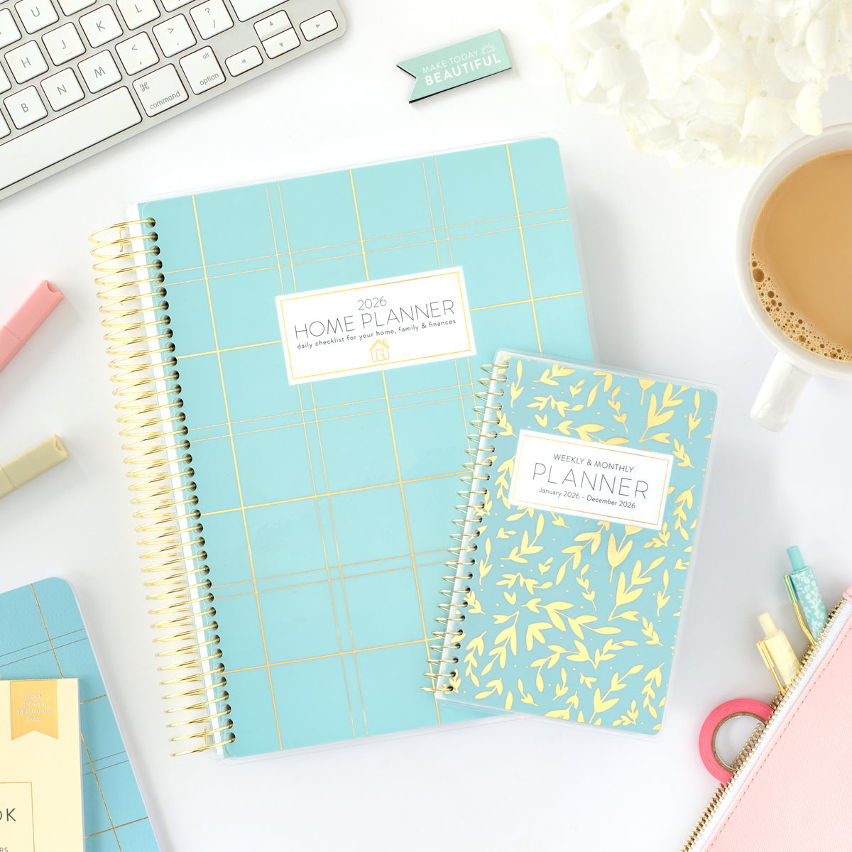 2026 blue plaid home planner and blue leaf pocket calendar